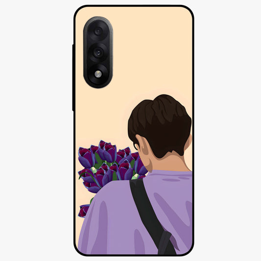 Boy Holding Flowers Glass Case for 1+Nord 5 aesthetic front view featuring soft illustrated character holding floral bouquet