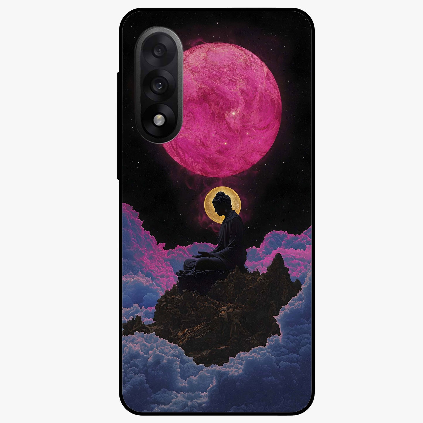 Buddha and Planets Glass Case for 1+Nord 5 serene front view featuring Buddha artwork with cosmic planetary background