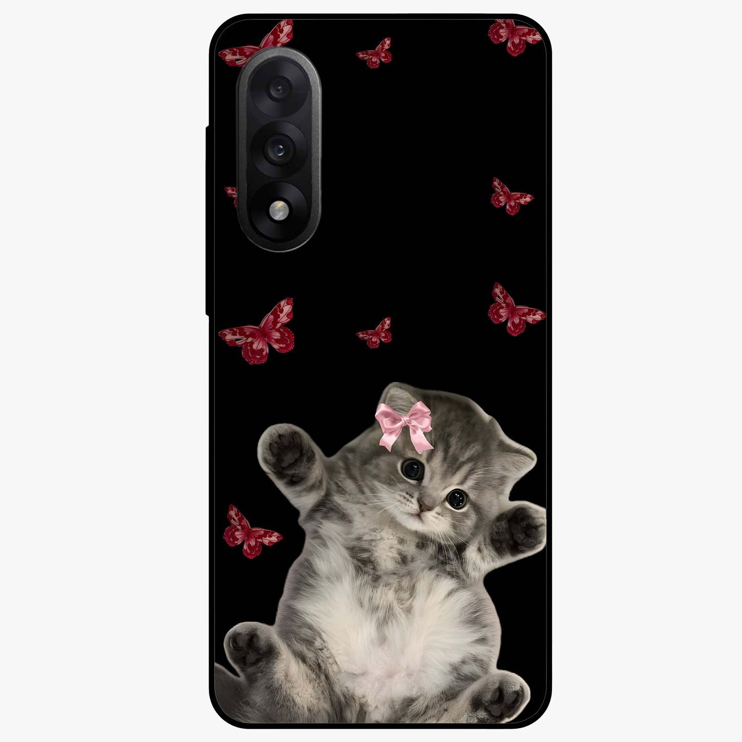 Butterfly Cat Bliss Glass Case for 1+Nord 5 charming front view featuring cat and butterfly aesthetic artwork