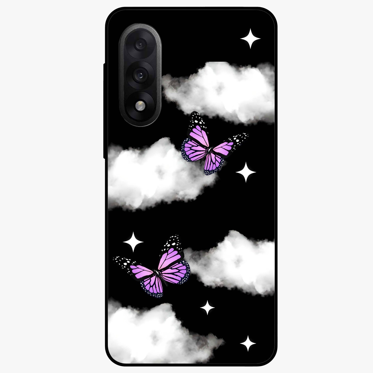 Butterfly Night Drift Glass Case for 1+Nord 5 dreamy front view featuring butterfly artwork with dark night inspired tones