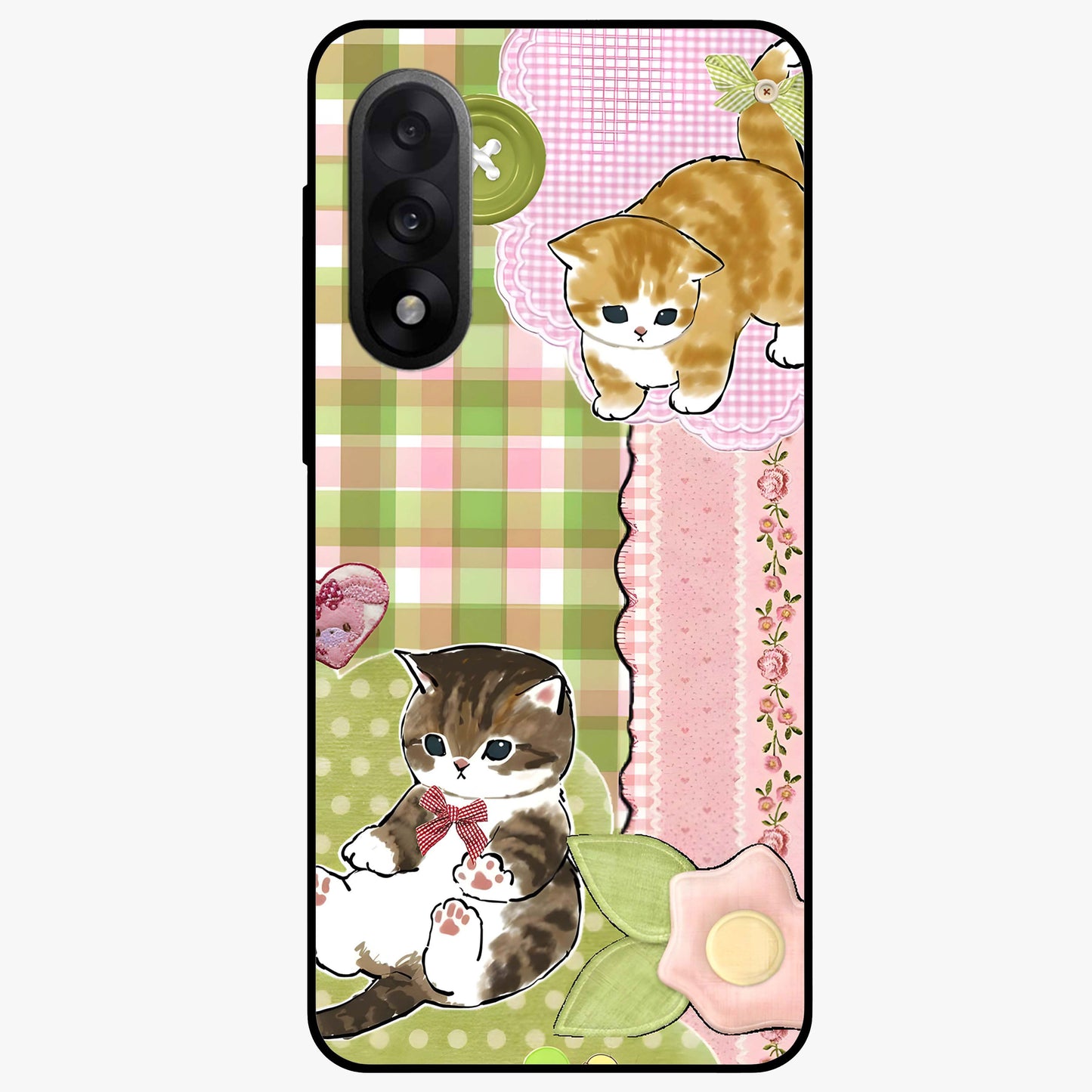 Cats Sweet Button Glass Case for 1+Nord 5 adorable front view featuring cute cat artwork with sweet pastel tones