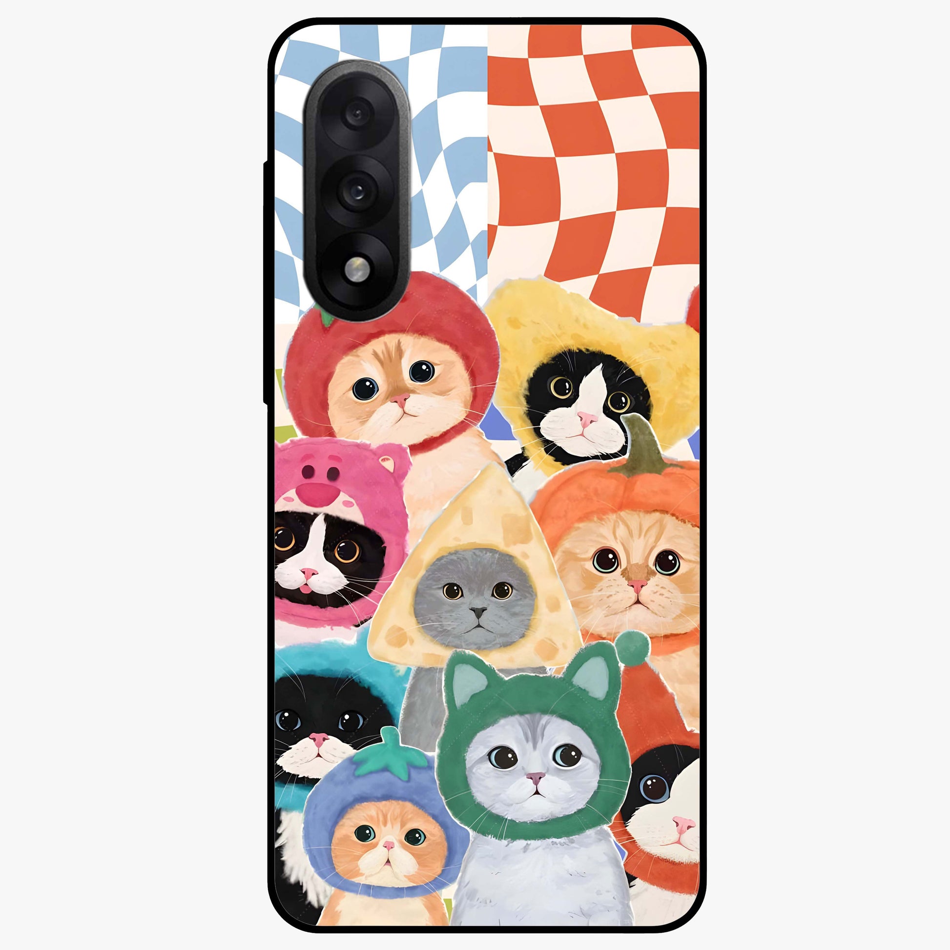 Cats in Fruits Glass Case for 1+Nord 5 playful front view featuring cute cat illustrations with vibrant fruit artwork