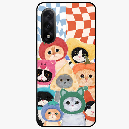 Cats in Fruits Glass Case for 1+Nord 5 playful front view featuring cute cat illustrations with vibrant fruit artwork