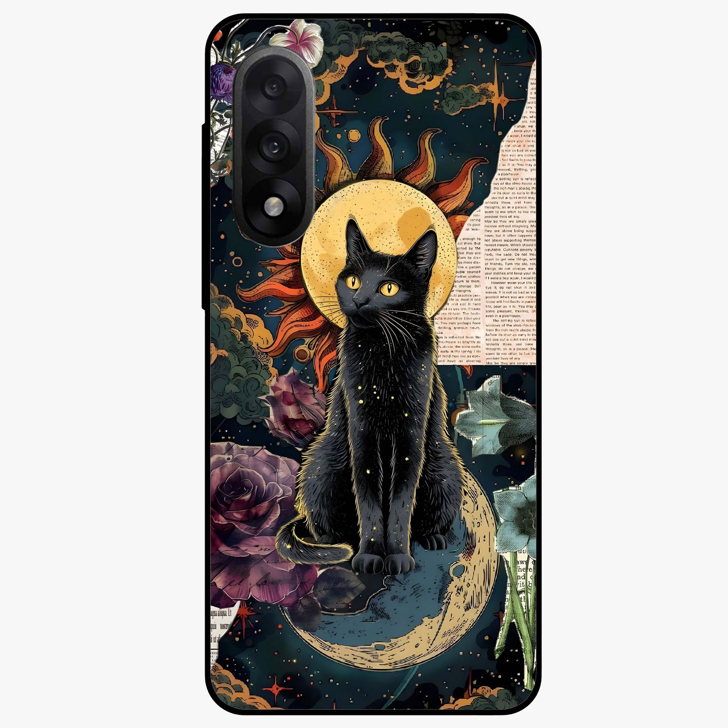 Celestial Black Cat Glass Case for 1+Nord 5 mystical front view featuring black cat artwork with cosmic background