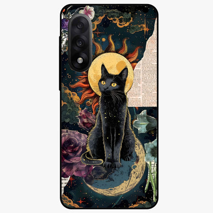 Celestial Black Cat Glass Case for 1+Nord 5 mystical front view featuring black cat artwork with cosmic background