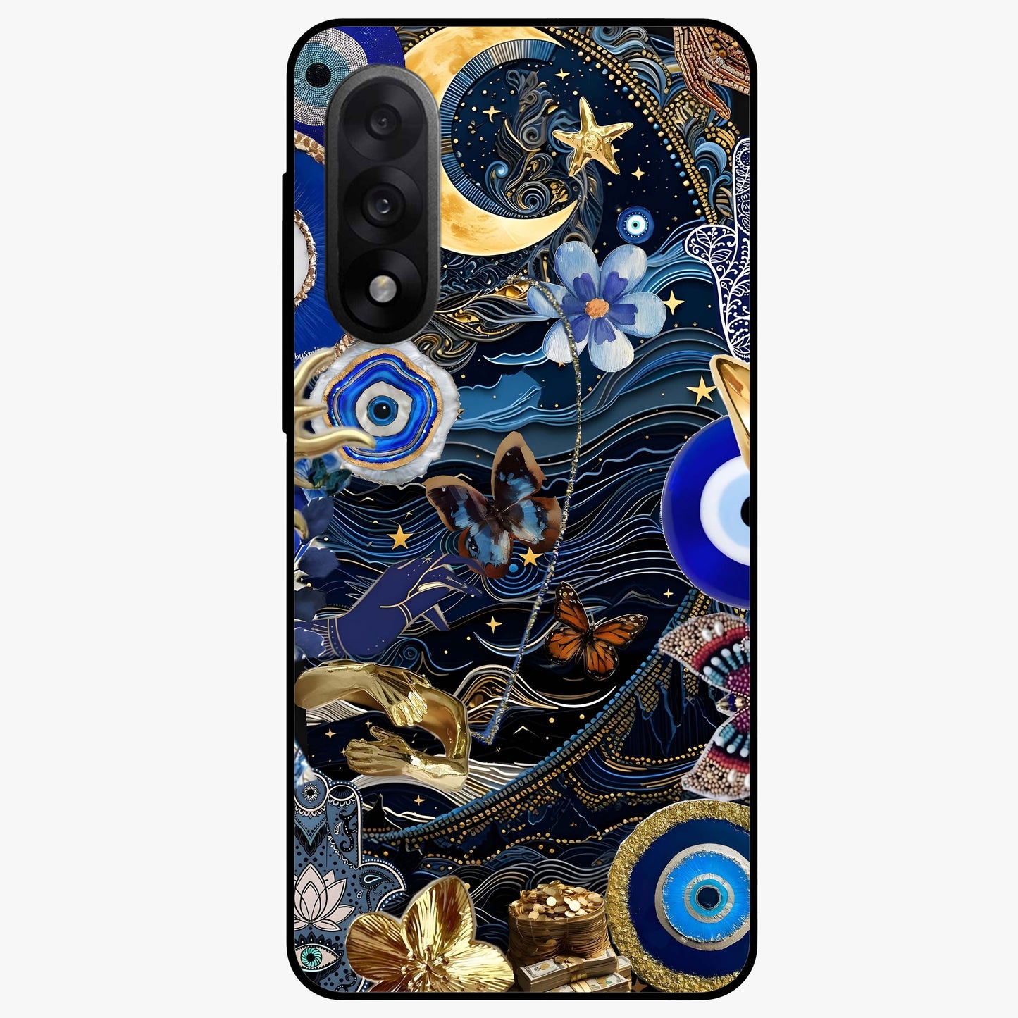 Celestial Blessing Shield Glass Case for 1+Nord 5 spiritual front view featuring protective celestial symbol artwork