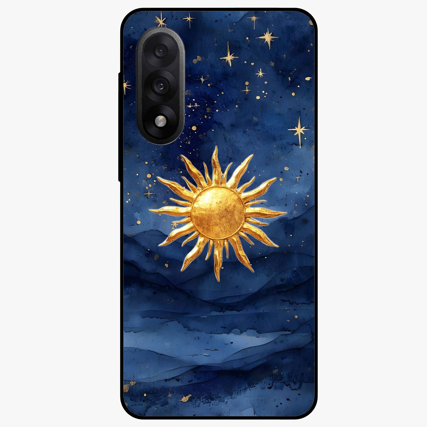 Celestial Blue Glow Glass Case for 1+Nord 5 radiant front view featuring glowing blue cosmic artwork