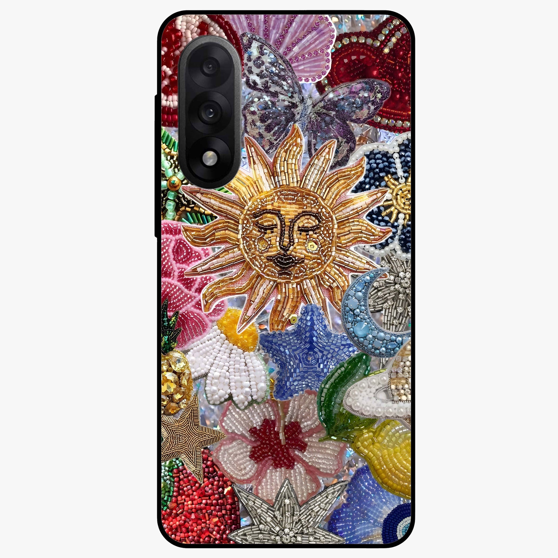 Celestial Floral and Playful Glass Case for 1+Nord 5 vibrant front view featuring floral artwork blended with cosmic elements