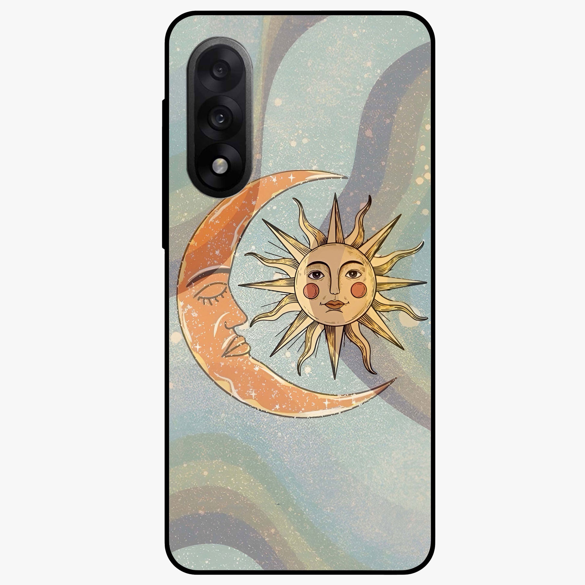 Celestial Harmony Vibes Glass Case for 1+Nord 5 serene front view featuring balanced cosmic artwork with calming tones