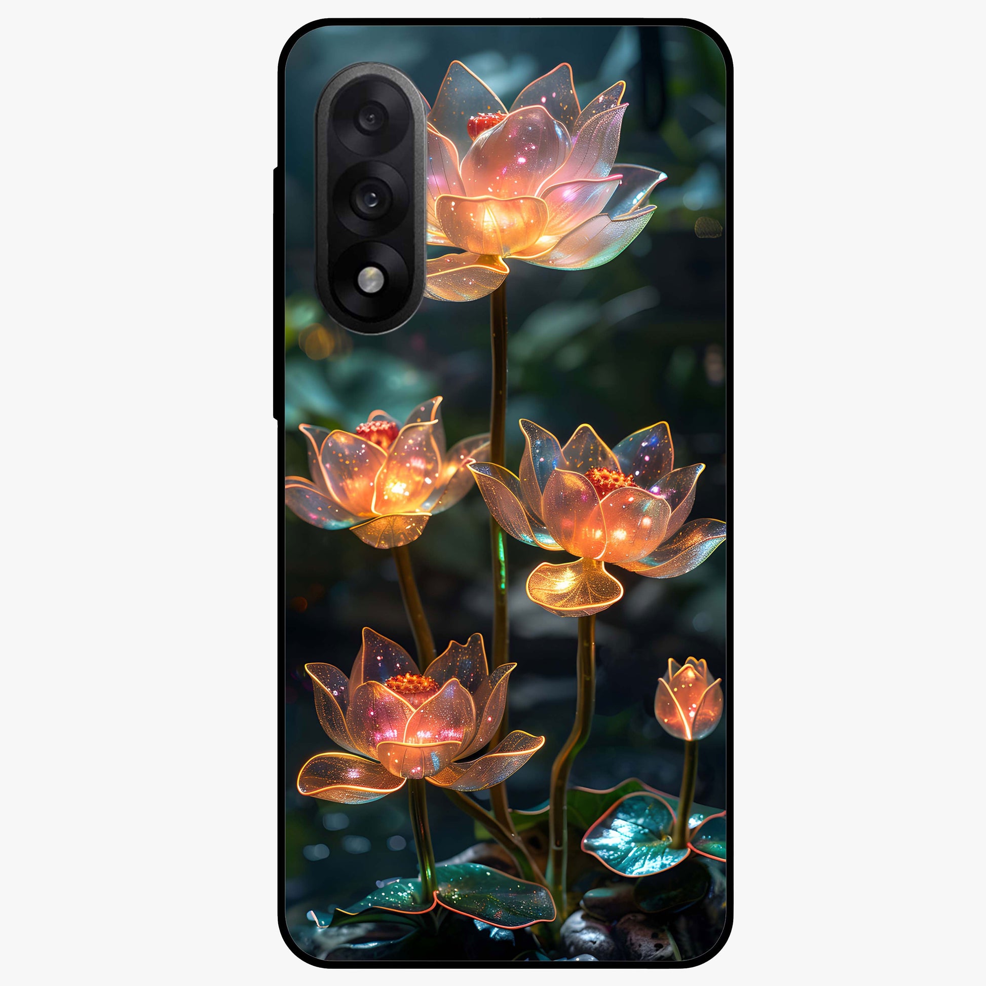 Celestial Lotus Light Glass Case for 1+Nord 5 peaceful front view featuring glowing lotus artwork with cosmic backdrop