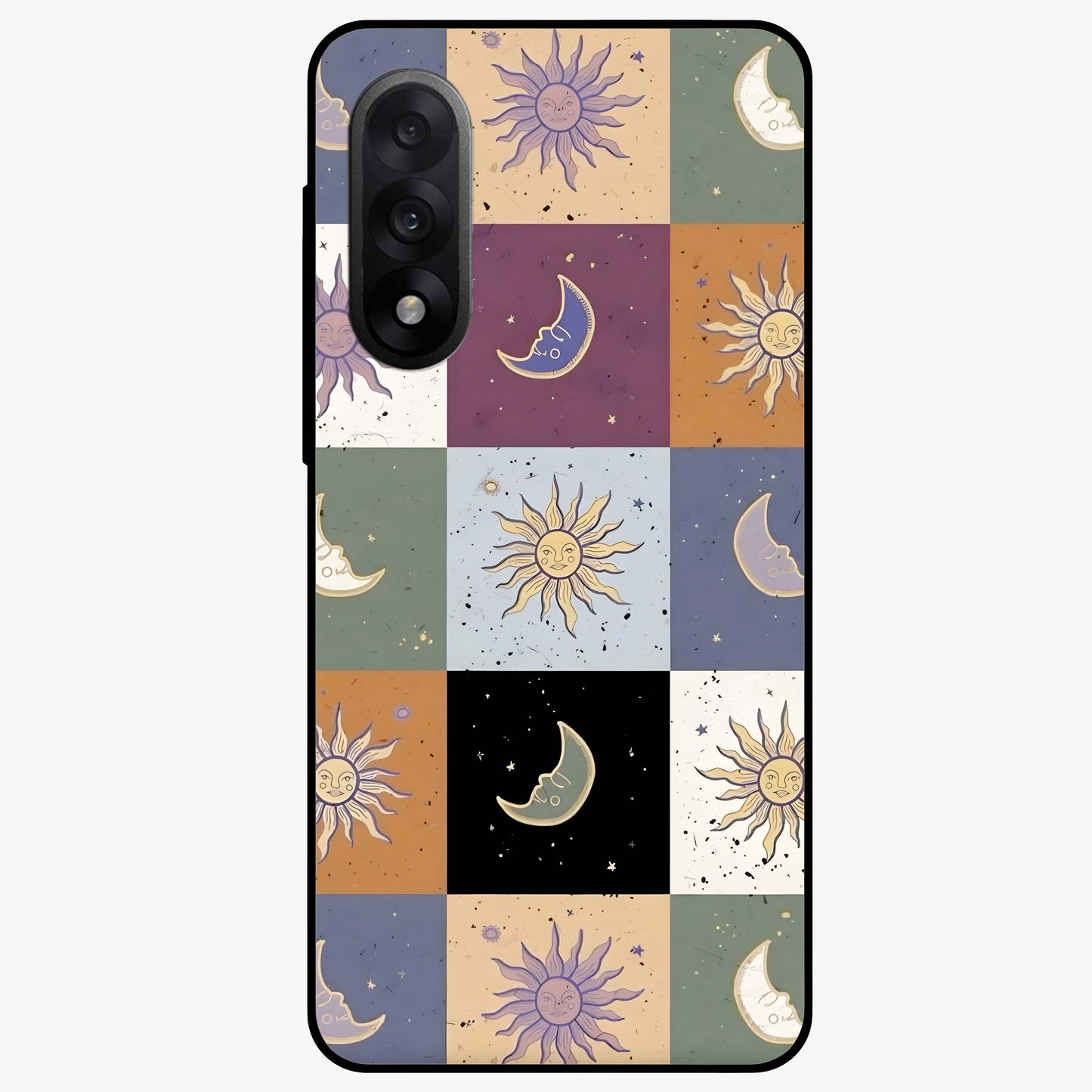 Celestial Patchwork Dreams Glass Case for 1+Nord 5 dreamy front view featuring patchwork style cosmic artwork