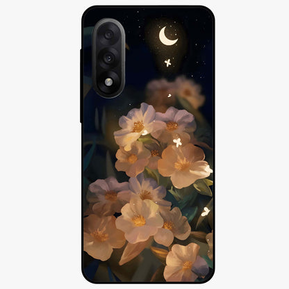 Celestial Petal Night Glass Case for 1+Nord 5 elegant front view featuring floral petals against dark night sky tones