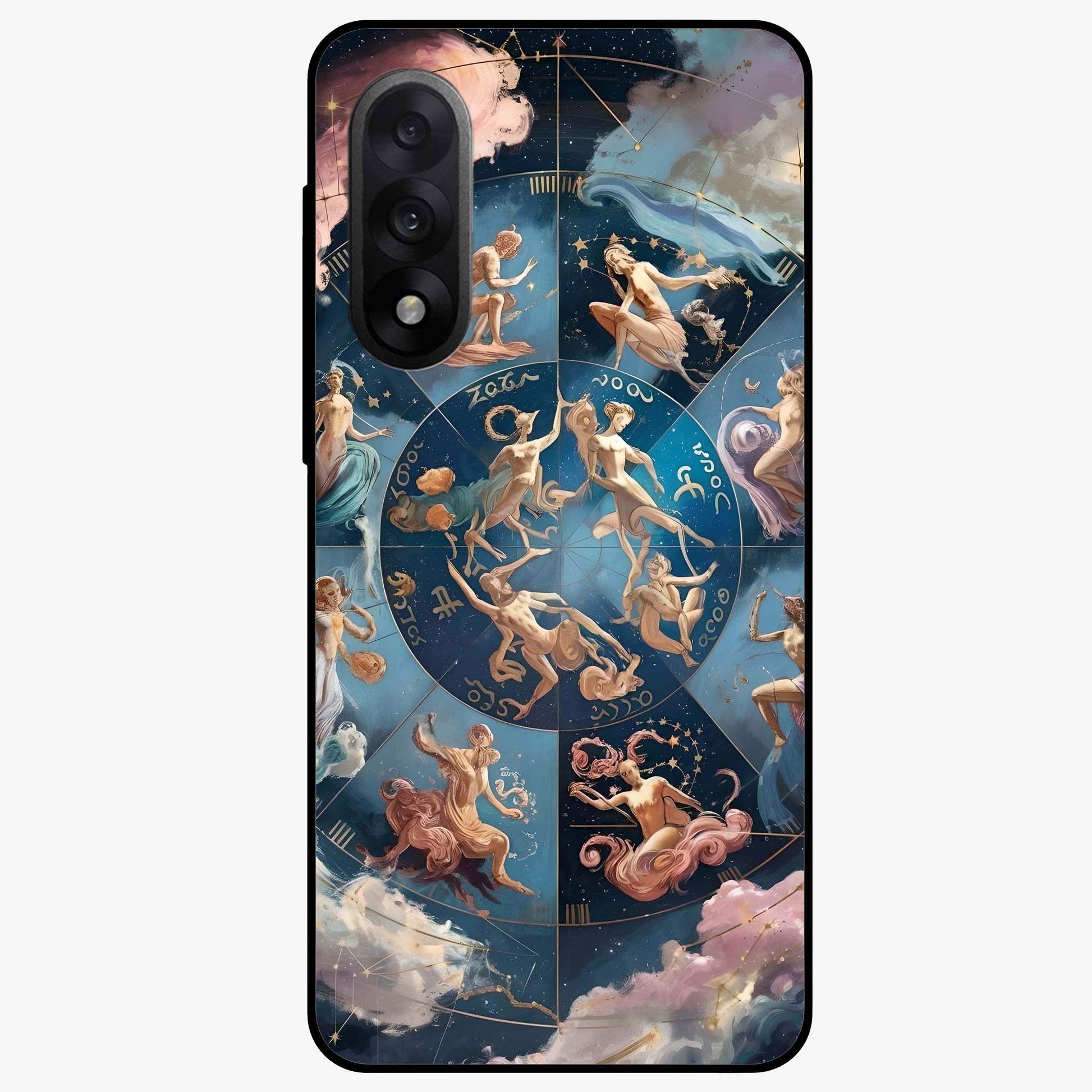 Celestial Signs Dance Glass Case for 1+Nord 5 artistic front view featuring zodiac inspired celestial symbol artwork