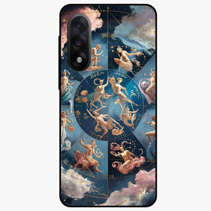 Celestial Signs Dance Glass Case for 1+Nord 5 artistic front view featuring zodiac inspired celestial symbol artwork