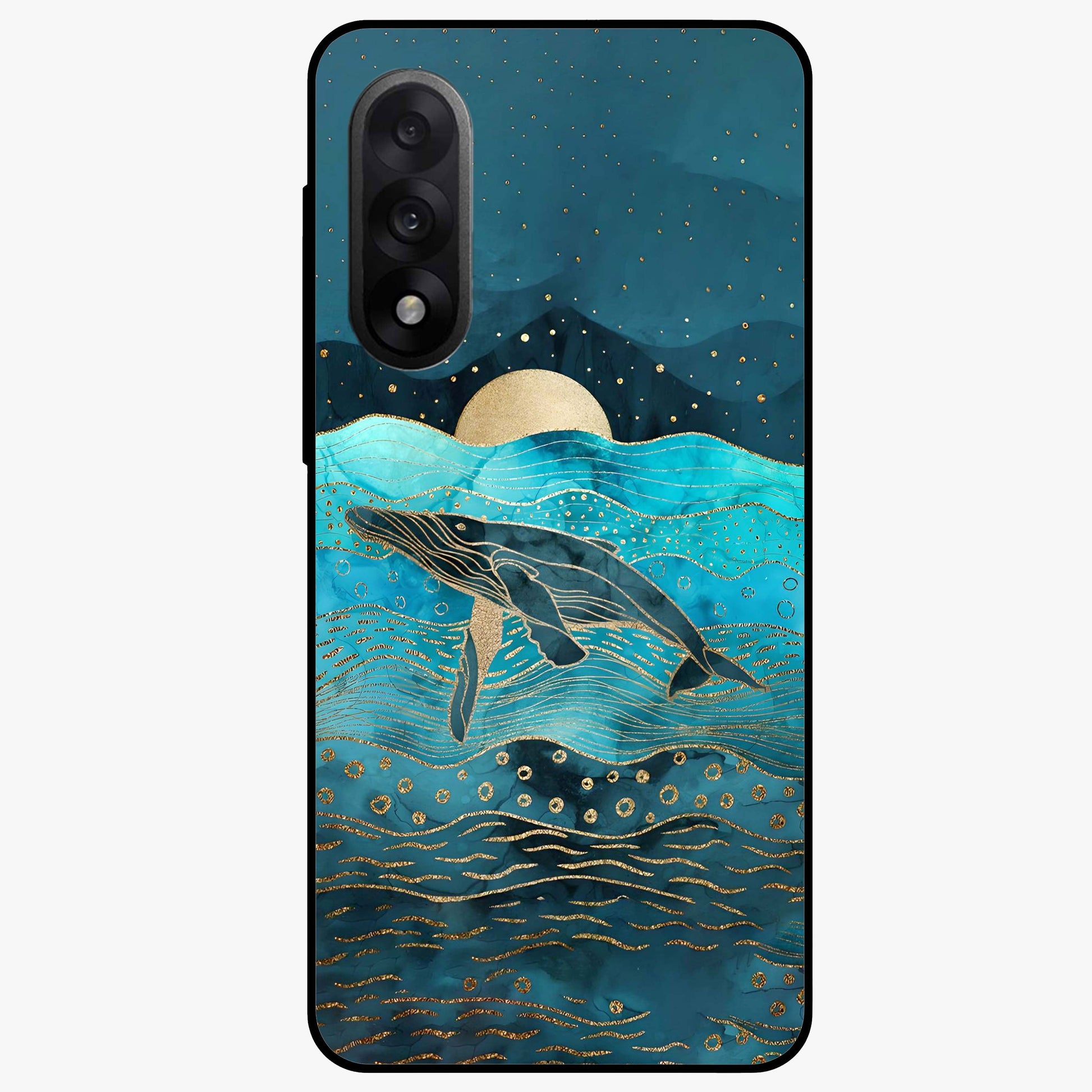 Celestial Whale Voyage Glass Case for 1+Nord 5 dreamy front view featuring whale artwork against cosmic sky backdrop