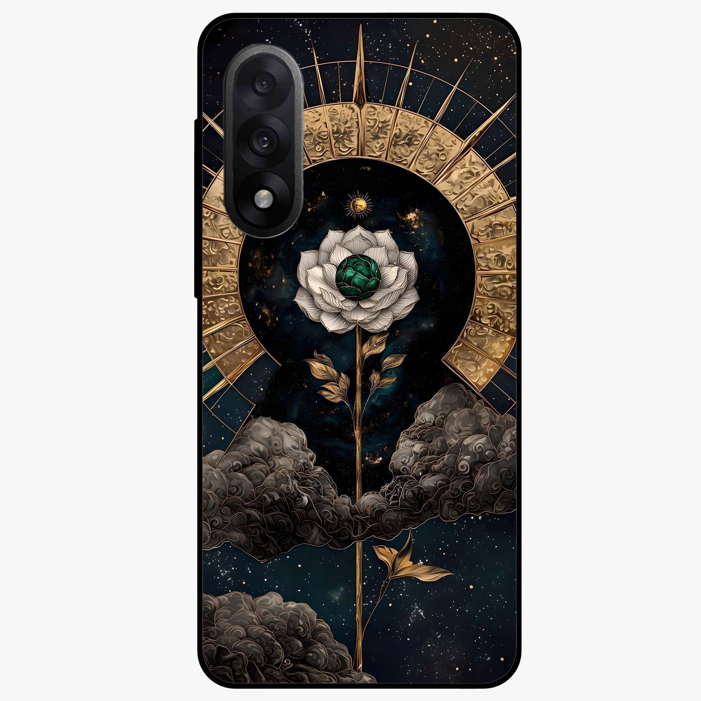 Cosmic Bloom Rose Glass Case for 1+Nord 5 elegant front view featuring rose artwork blended with cosmic background