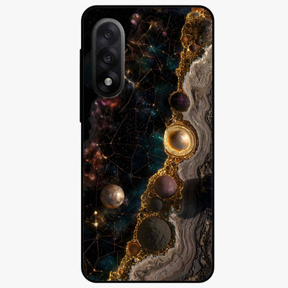 Cosmic Gold Path Glass Case for 1+Nord 5 luxurious front view featuring golden pathway artwork against cosmic backdrop