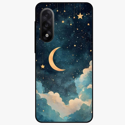 Crescent Galaxy Moon Glass Case for 1+Nord 5 mystical front view featuring crescent moon artwork with cosmic background