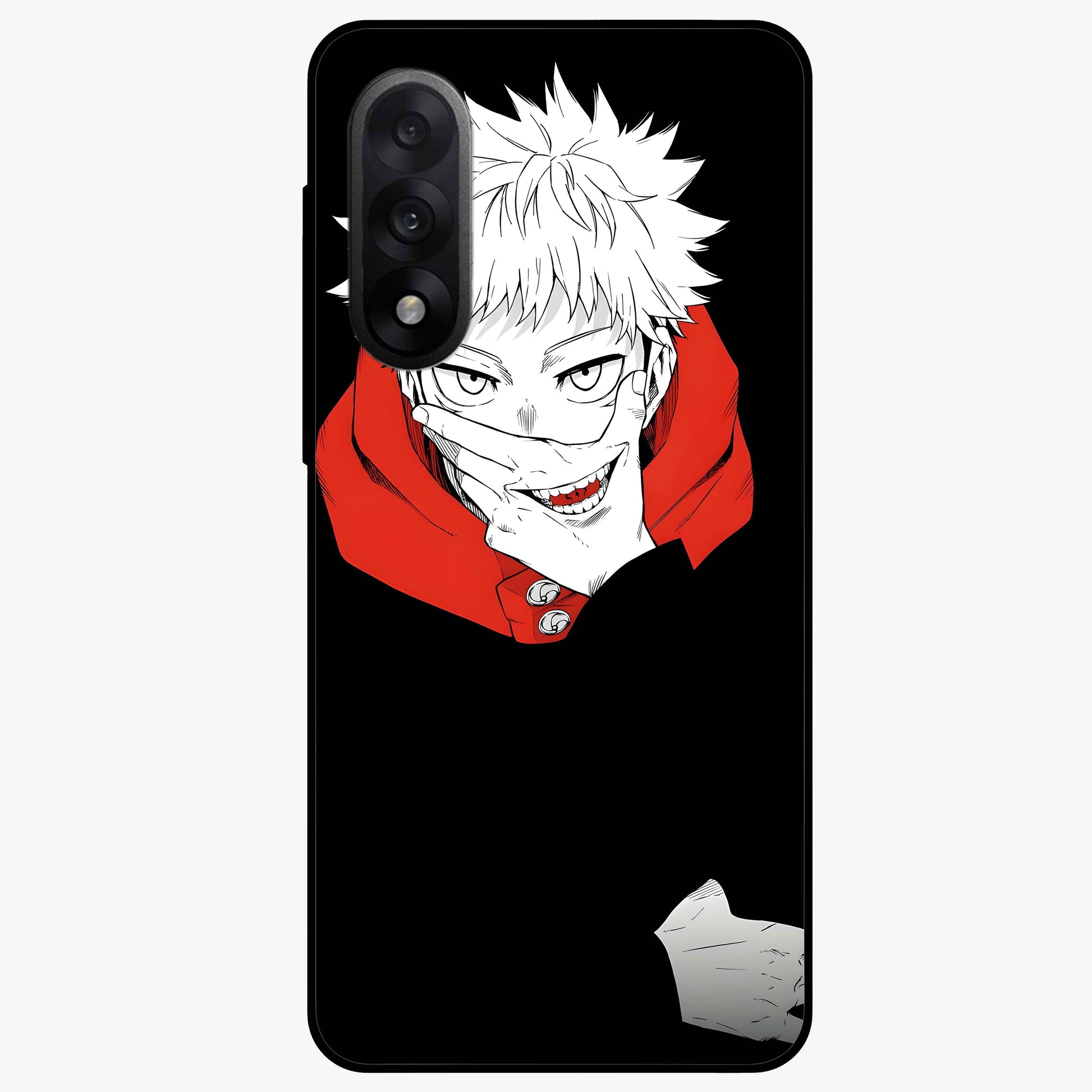 Crimson Chaos Smile Glass Case for 1+Nord 5 bold front view featuring edgy smile artwork in deep crimson tones