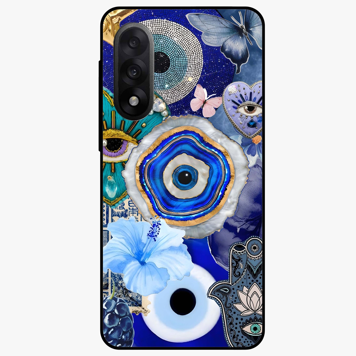 Crimson Evil Eye Charm Glass Case for 1+Nord 5 bold front view featuring protective evil eye artwork in deep red tones