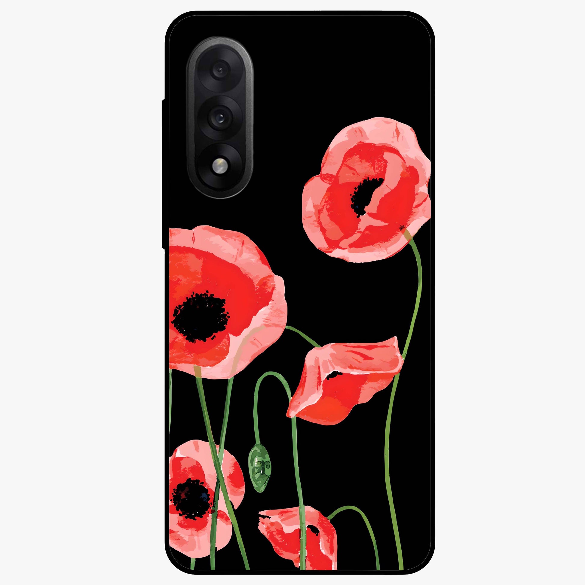Crimson Garden Dream Glass Case for 1+Nord 5 romantic front view featuring rich red floral garden artwork