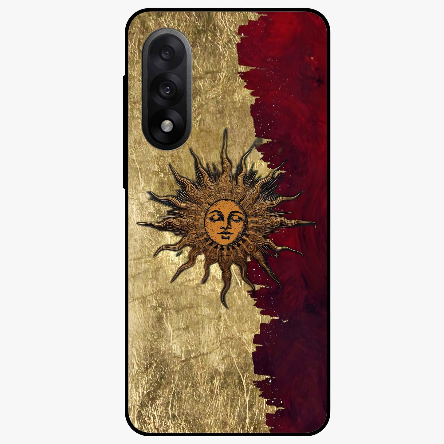 Crimson Sun Majesty Glass Case for 1+Nord 5 radiant front view featuring glowing sun artwork in deep red hues