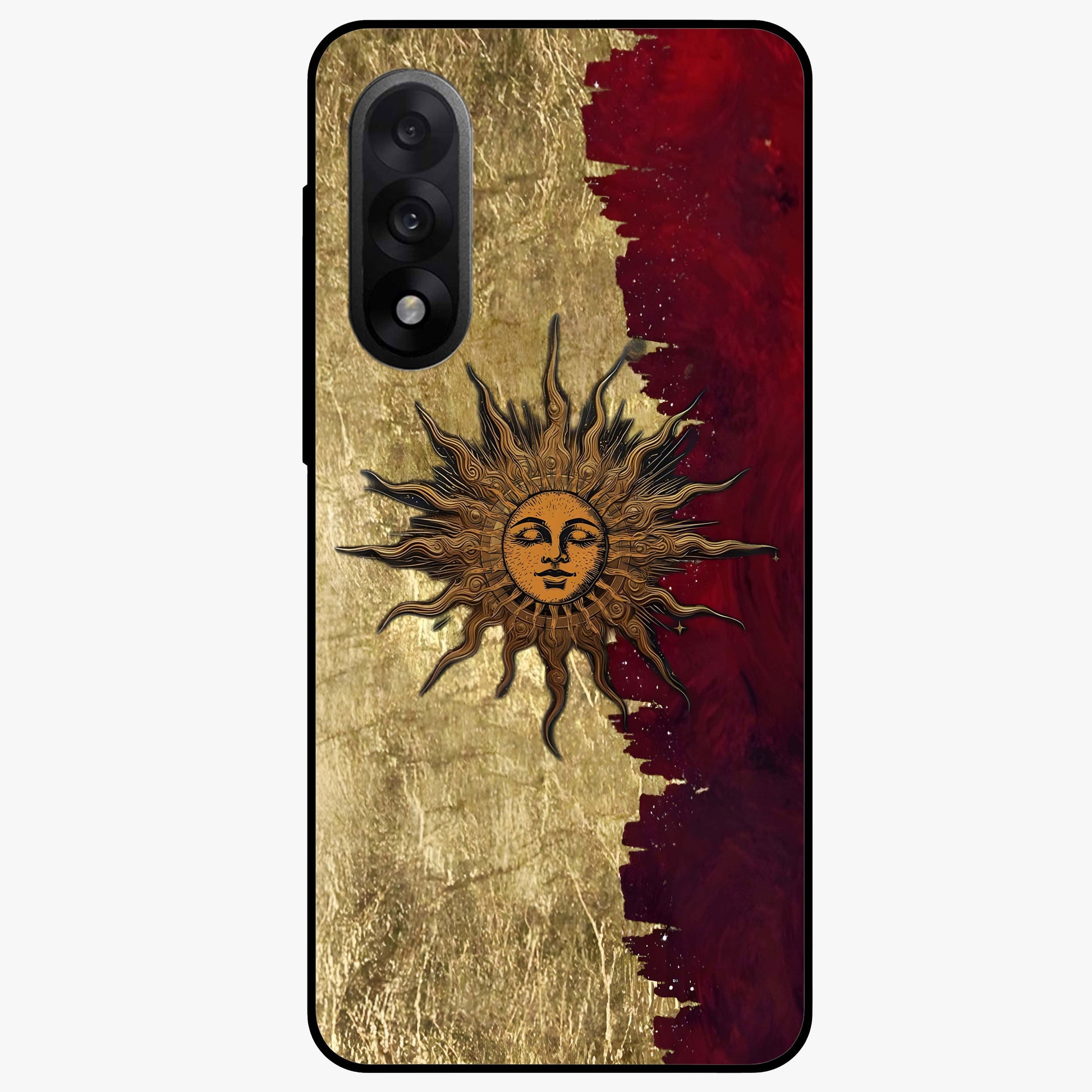 Crimson Sun Majesty Glass Case for 1+Nord 5 radiant front view featuring glowing sun artwork in deep red hues
