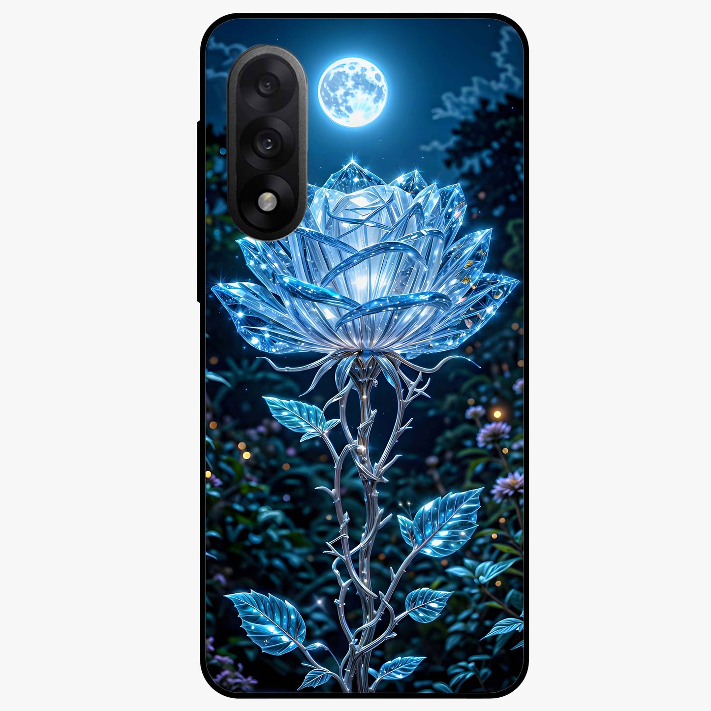 Crystal Moon Lotus Glass Case for 1+Nord 5 serene front view featuring glowing lotus artwork under crystal moonlight