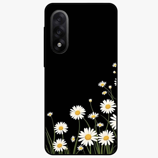 Daisy Cascade on Black Glass Case for 1+Nord 5 elegant front view featuring white daisy artwork on deep black background