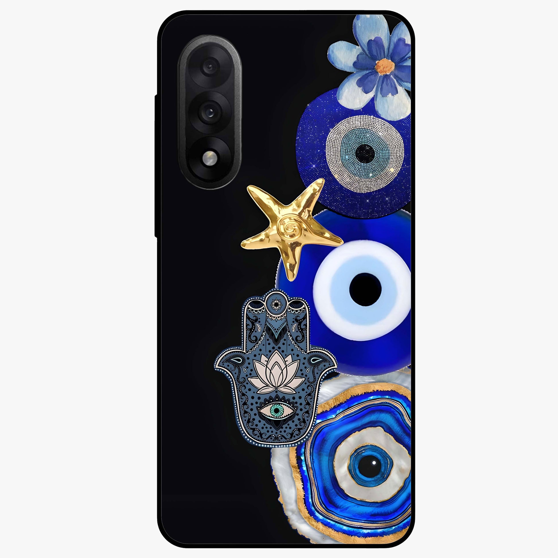 Divine Eye Bloom Glass Case for 1+Nord 5 artistic front view featuring floral evil eye inspired artwork
