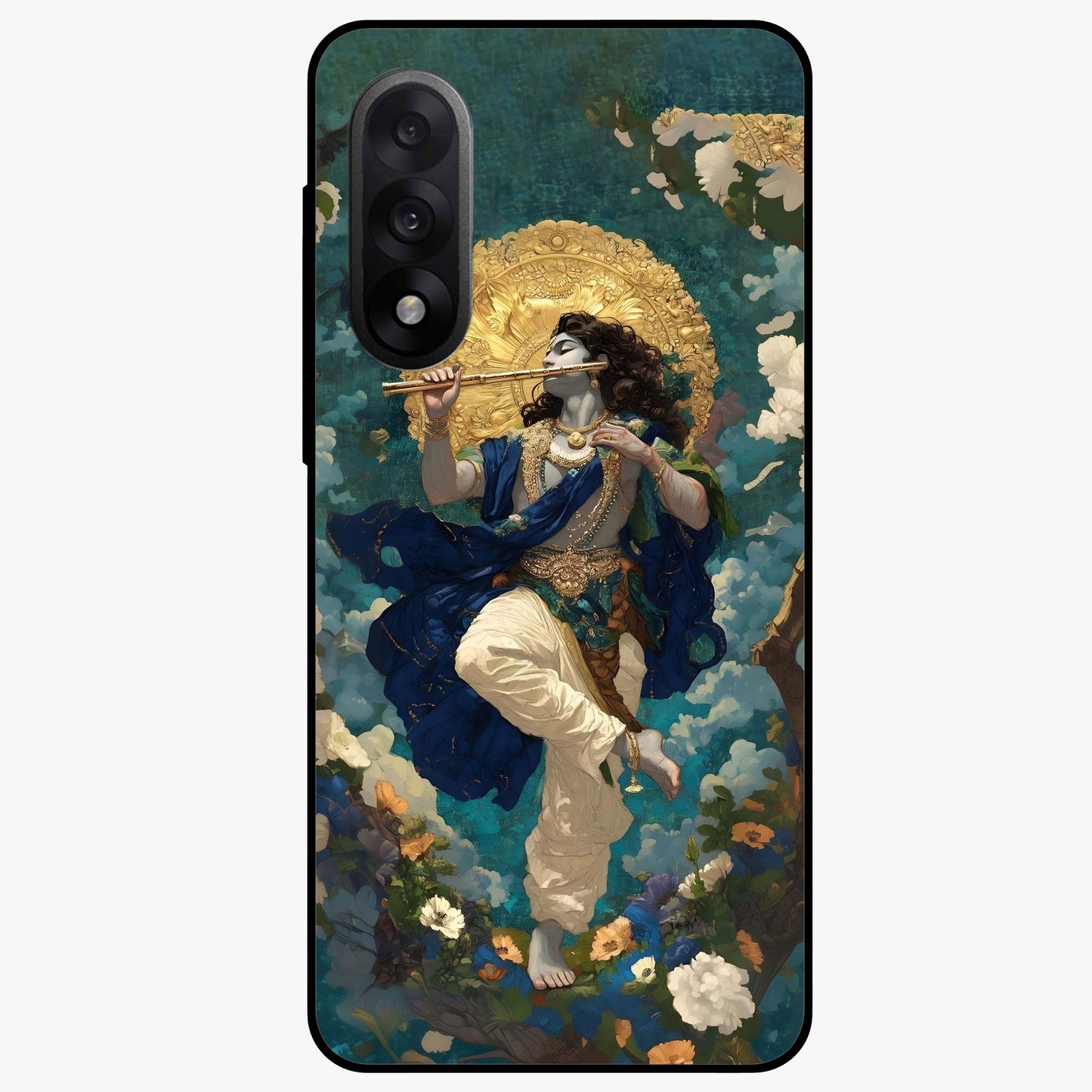 Divine Krishna Art Glass Case for 1+Nord 5 devotional front view featuring detailed Krishna artwork