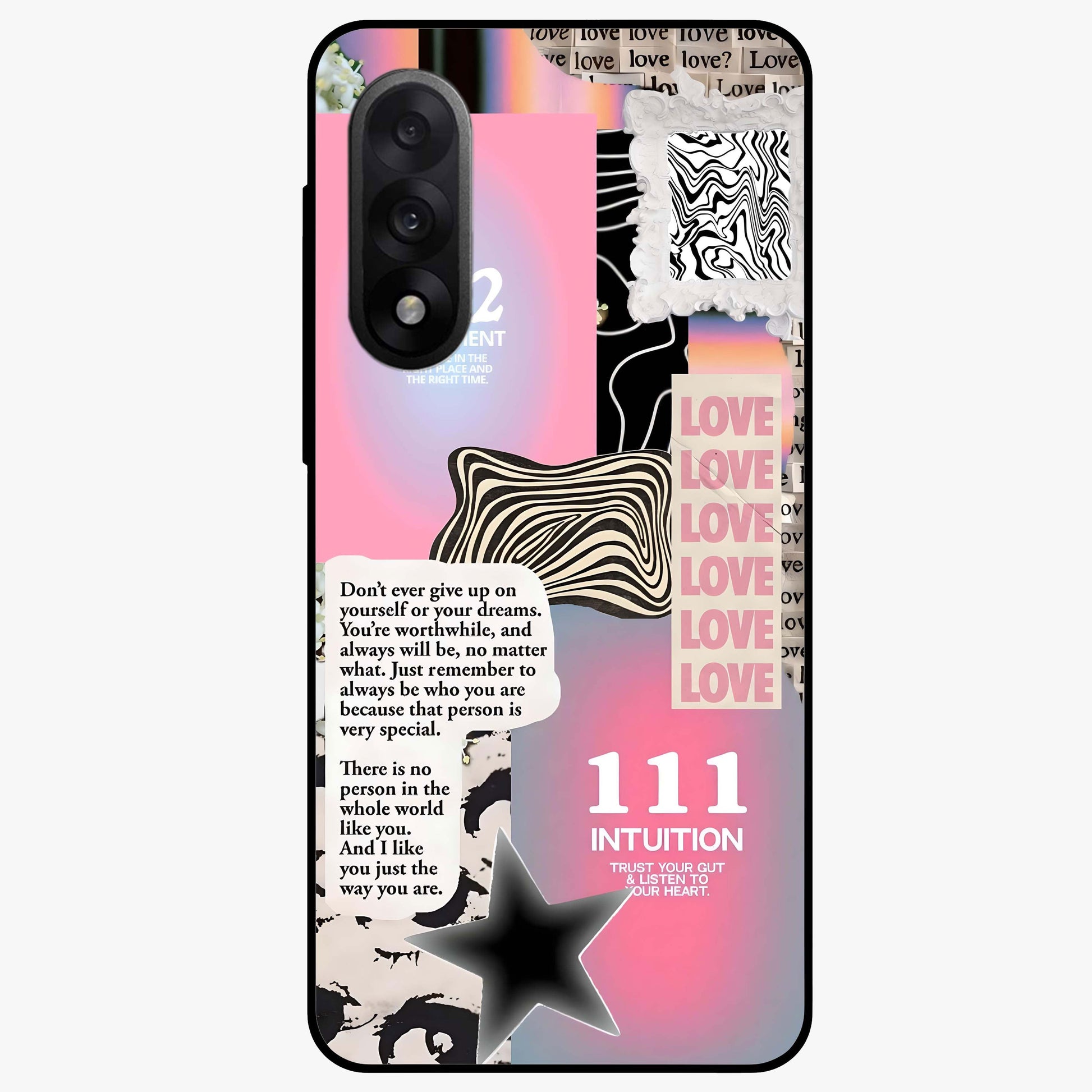 Divine Love Vibes Glass Case for 1+Nord 5 soft front view featuring romantic artistic typography design