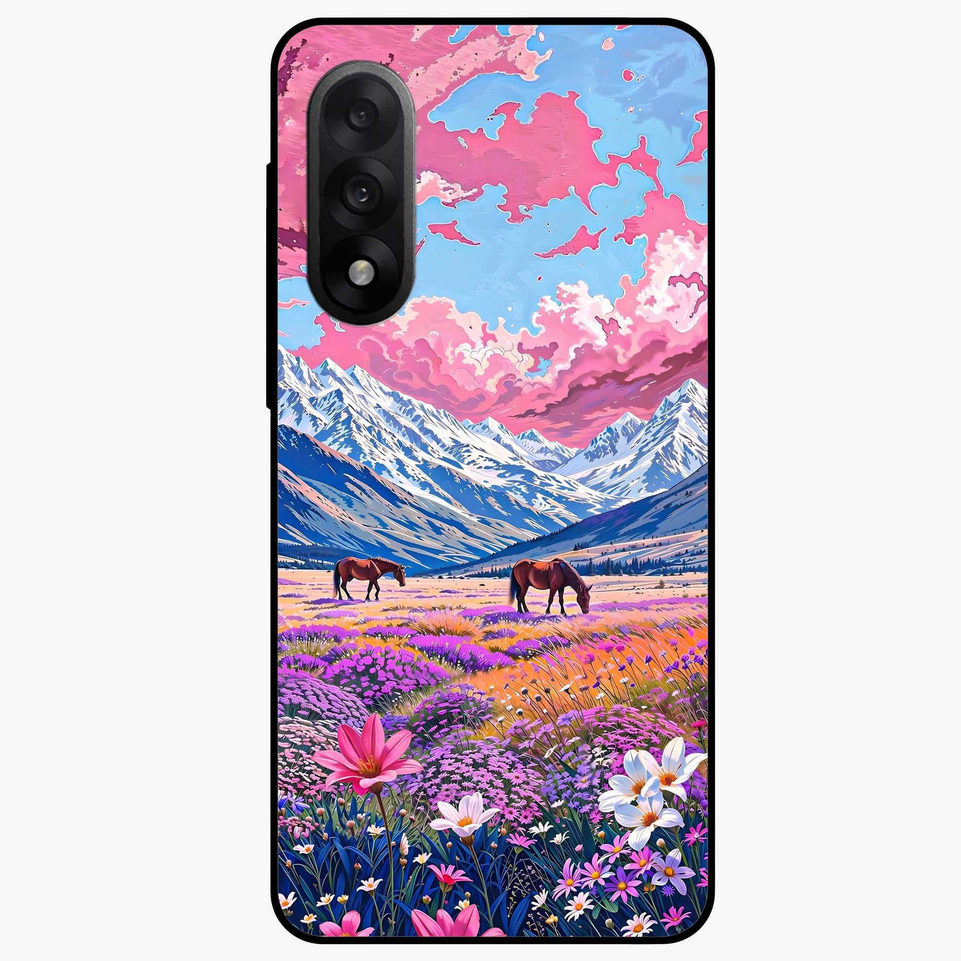 Dreamy Floral Pastures Glass Case for 1+Nord 5 soft front view featuring pastel floral meadow artwork