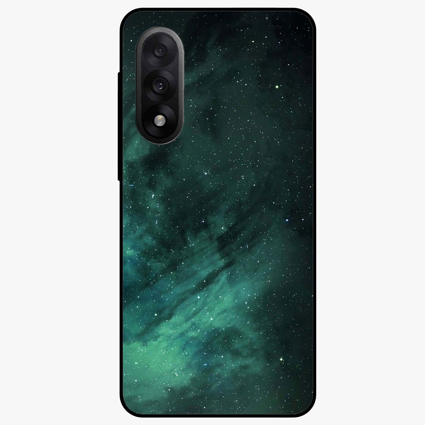 Emerald Green Space Glass Case for 1+Nord 5 vibrant front view featuring deep green cosmic inspired artwork