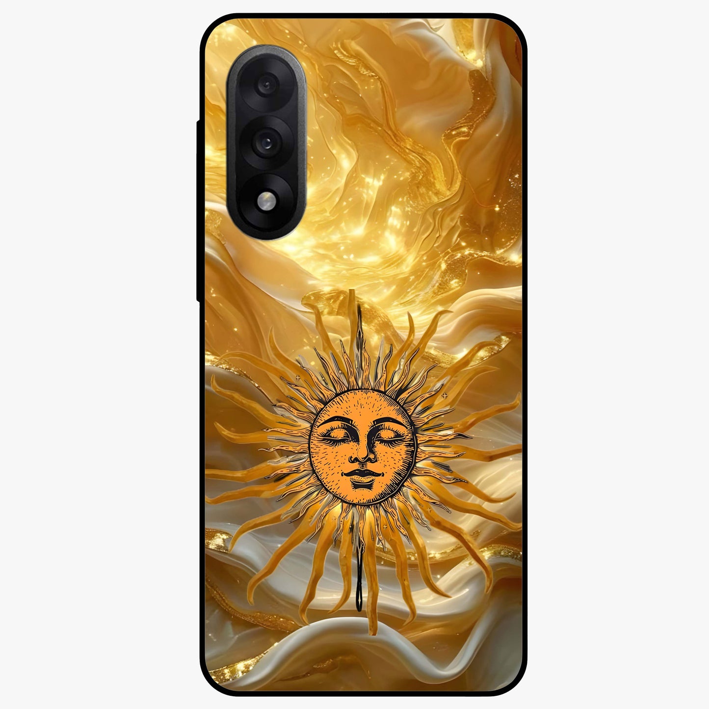 Eternal Golden Glow Glass Case for 1+Nord 5 radiant front view featuring warm golden artistic artwork