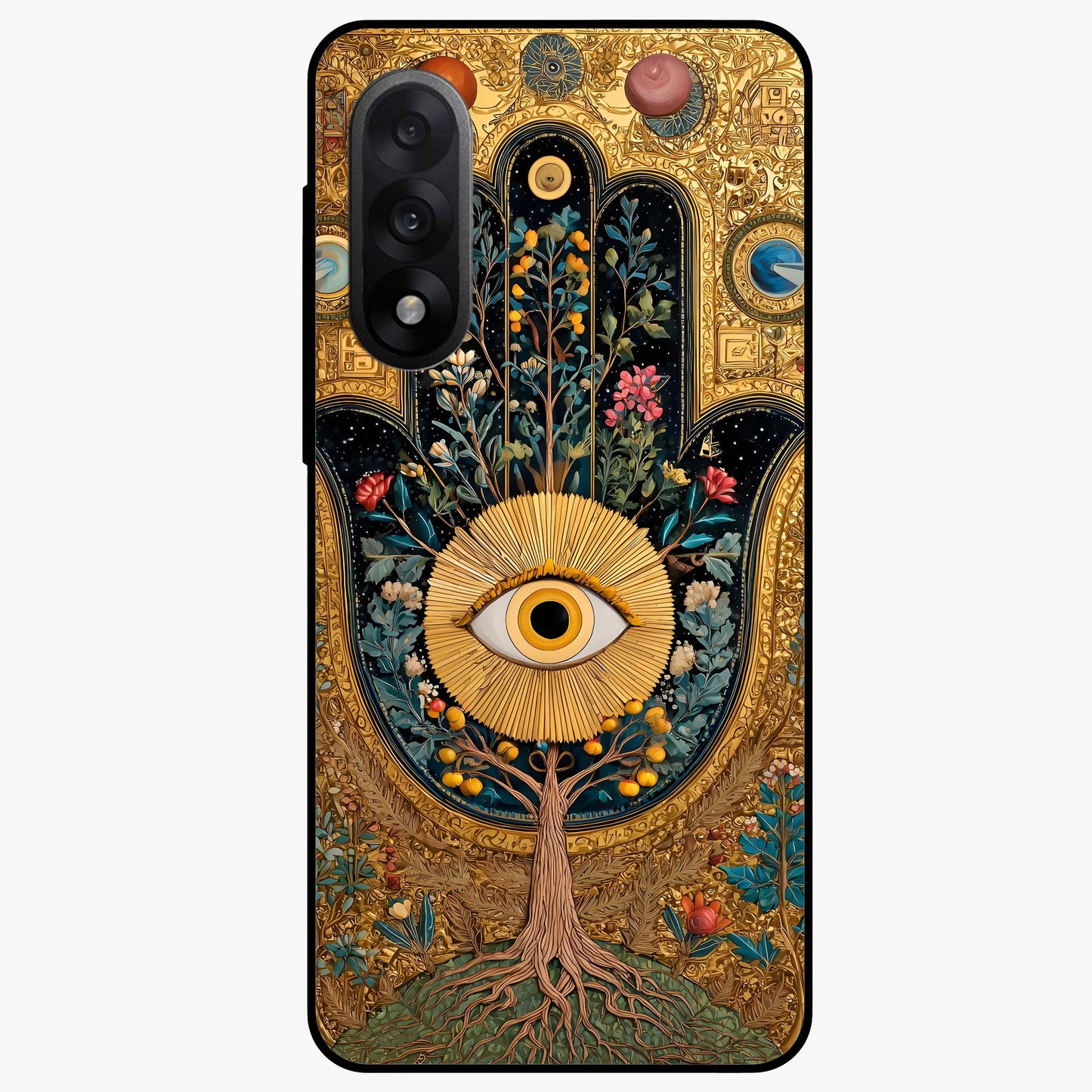 Ethereal Evil Eye Glass Case for 1+Nord 5 mystical front view featuring soft glowing evil eye artwork