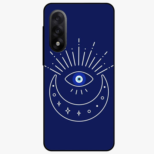 Evil Eye With Blue Themed Collage Glass Case for 1+Nord 5 artistic front view featuring blue collage style evil eye artwork