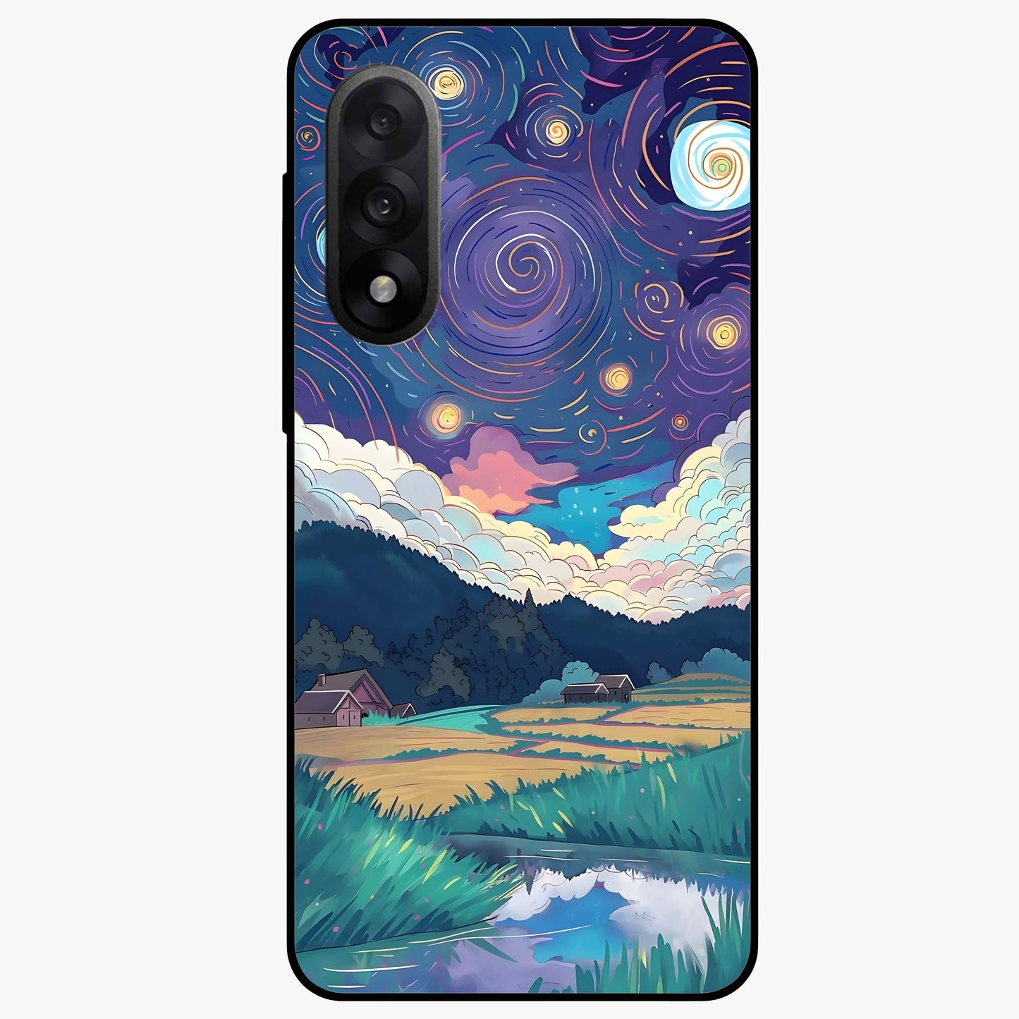 Fields Beneath the Cosmos Glass Case for 1+Nord 5 dreamy front view featuring meadow landscape under cosmic sky