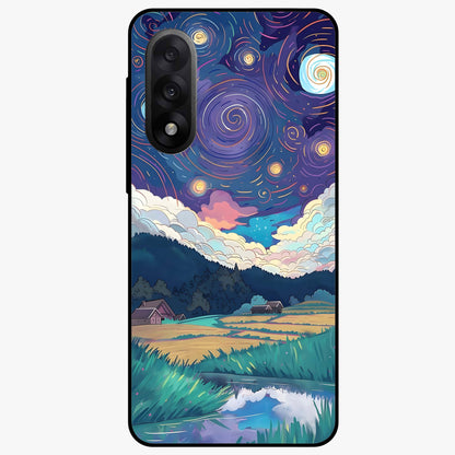 Fields Beneath the Cosmos Glass Case for 1+Nord 5 dreamy front view featuring meadow landscape under cosmic sky