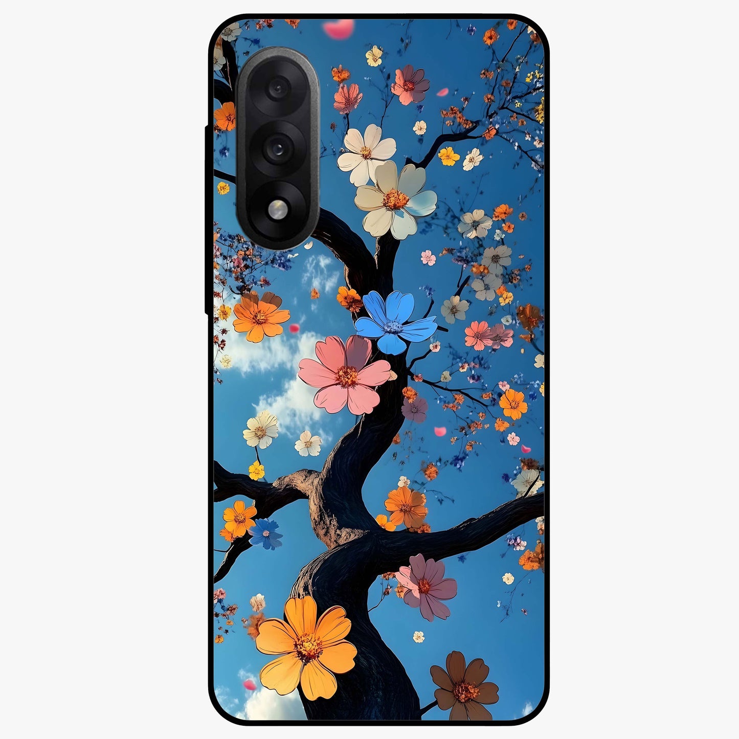 Floral Tree Glass Case for 1+Nord 5 elegant front view featuring blooming tree artwork