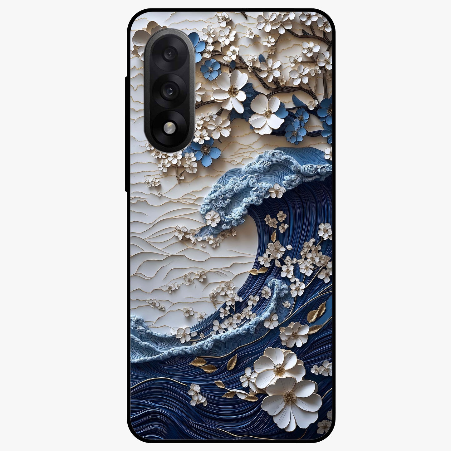 Floral Wave Origami Glass Case for 1+Nord 5 artistic front view featuring folded origami inspired floral wave artwork