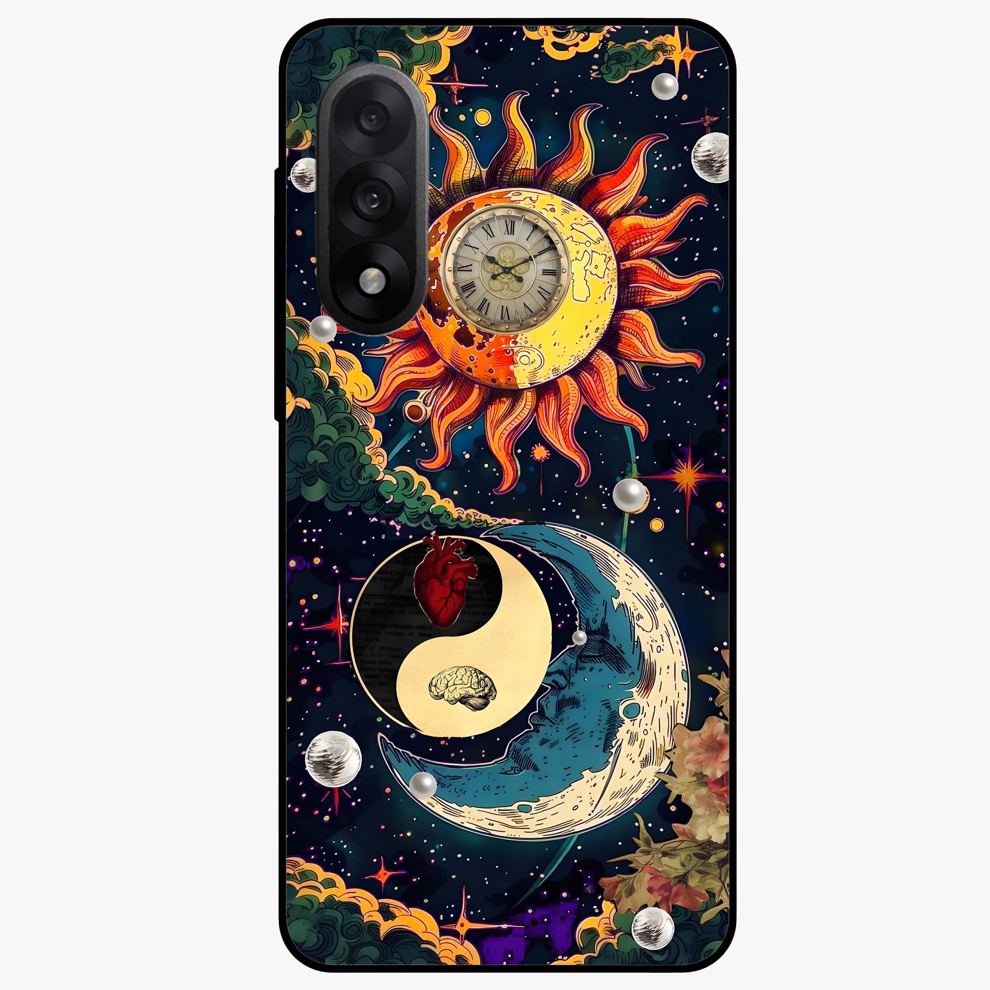 Future Universe Glass Case for 1+Nord 5 futuristic front view featuring cosmic inspired abstract artwork
