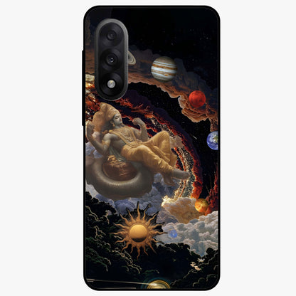 Galactic Divine God Glass Case for 1+Nord 5 powerful front view featuring divine artwork blended with cosmic background