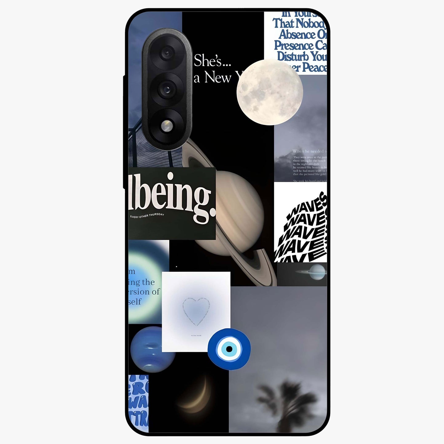 Galactic Energy Collage Glass Case for 1+Nord 5 artistic front view featuring layered cosmic collage artwork