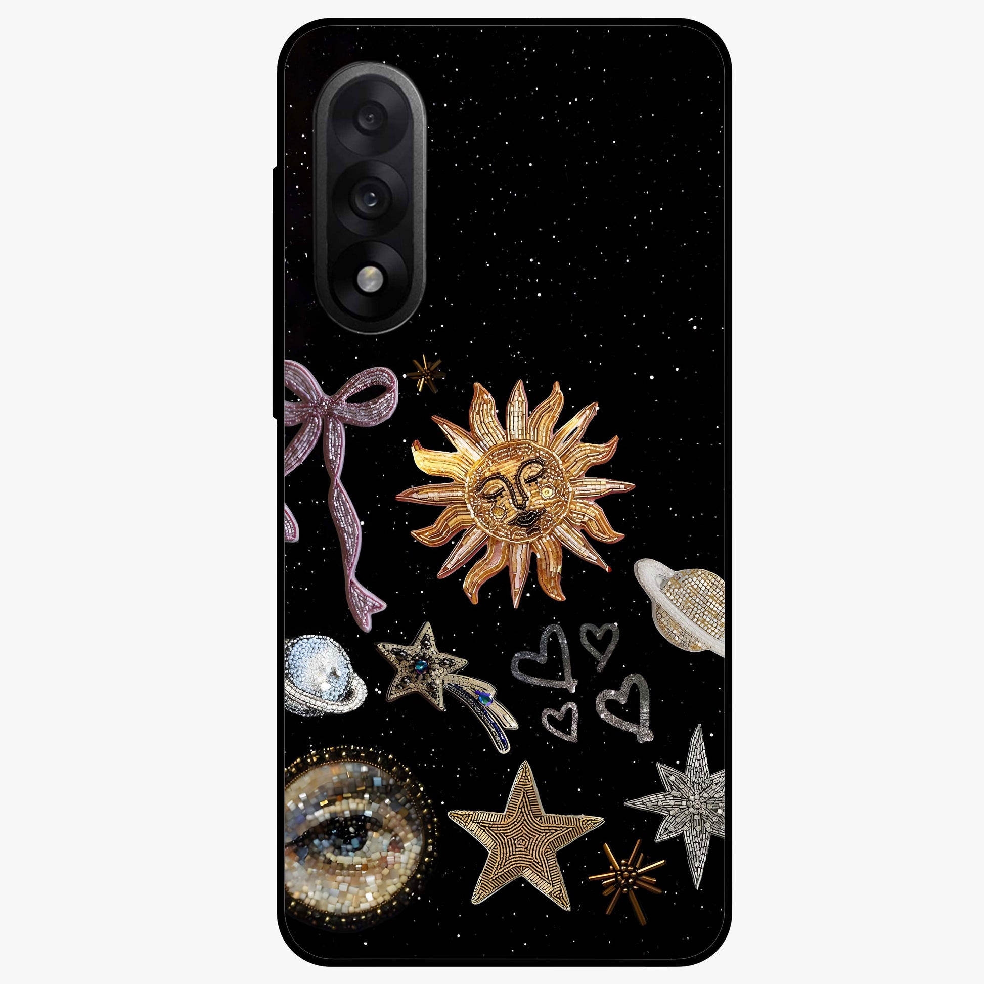 Galactic Sun Charm Glass Case for 1+Nord 5 radiant front view featuring celestial sun artwork with cosmic accents