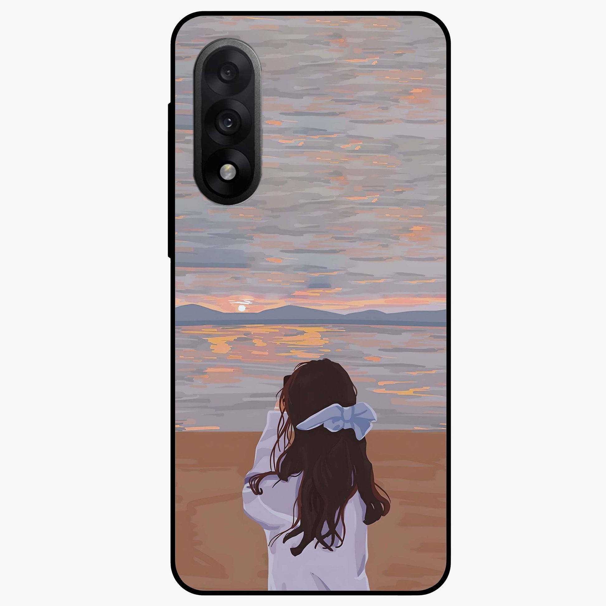 Girl Facing Sunset Beach Glass Case for 1+Nord 5 scenic front view featuring silhouette artwork against glowing sunset sky