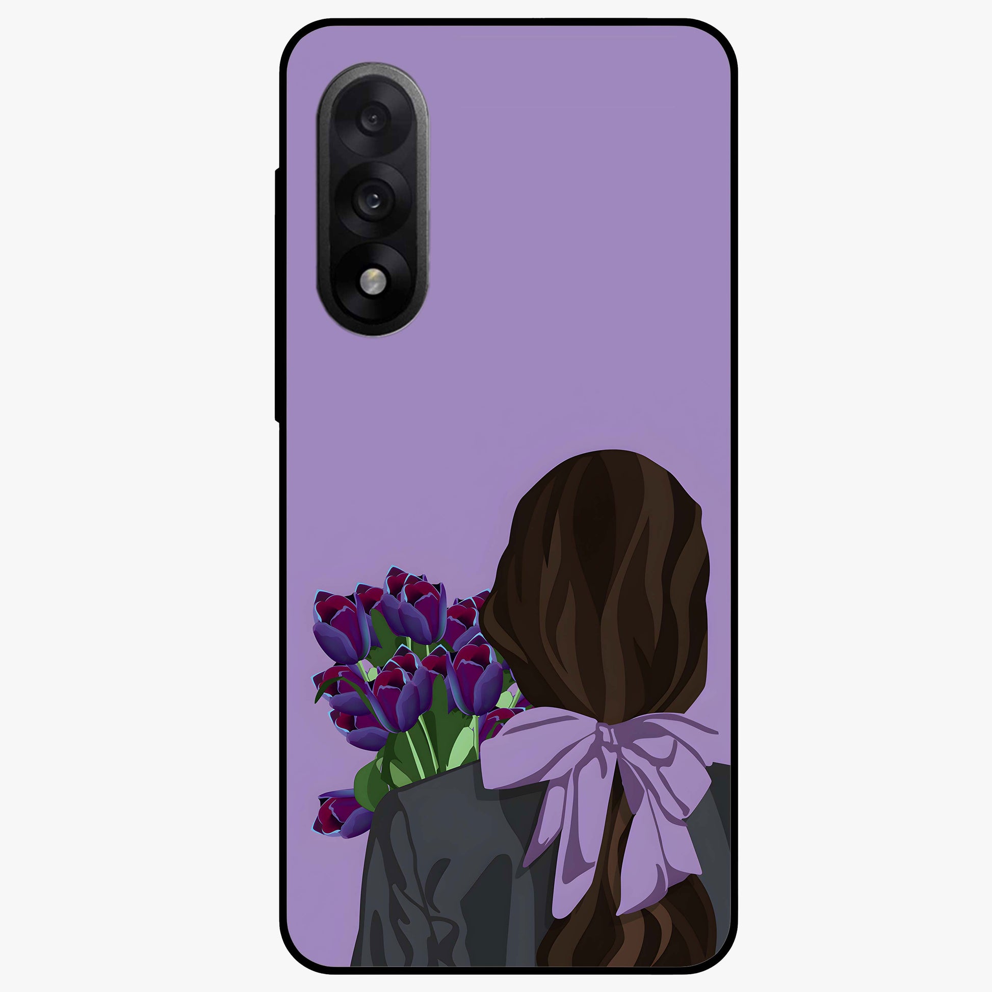 Girl Holding Flowers Glass Case for 1+Nord 5 aesthetic front view featuring soft illustrated character with floral bouquet