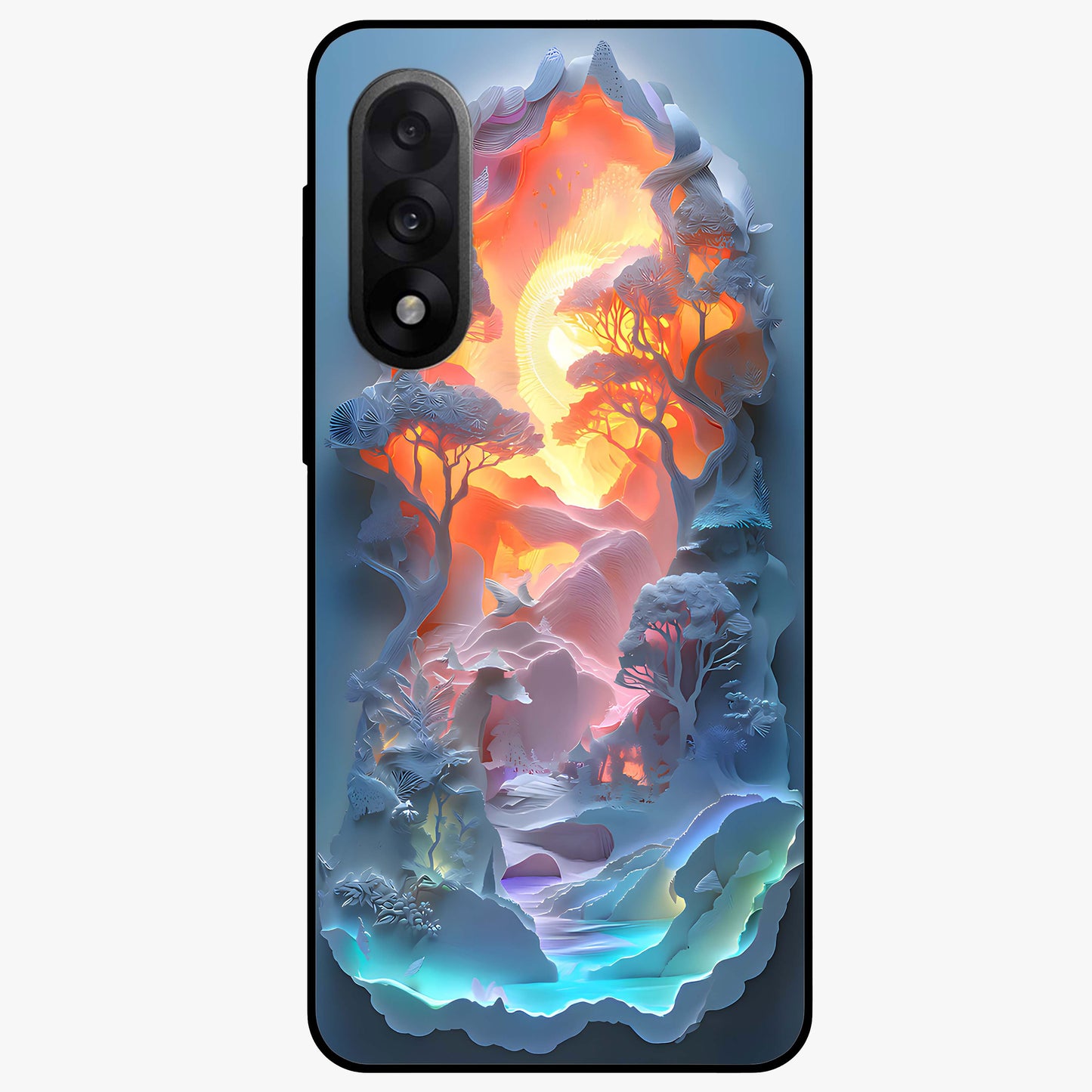Glow Forest Portal Glass Case for 1+Nord 5 mystical front view featuring glowing forest gateway artwork