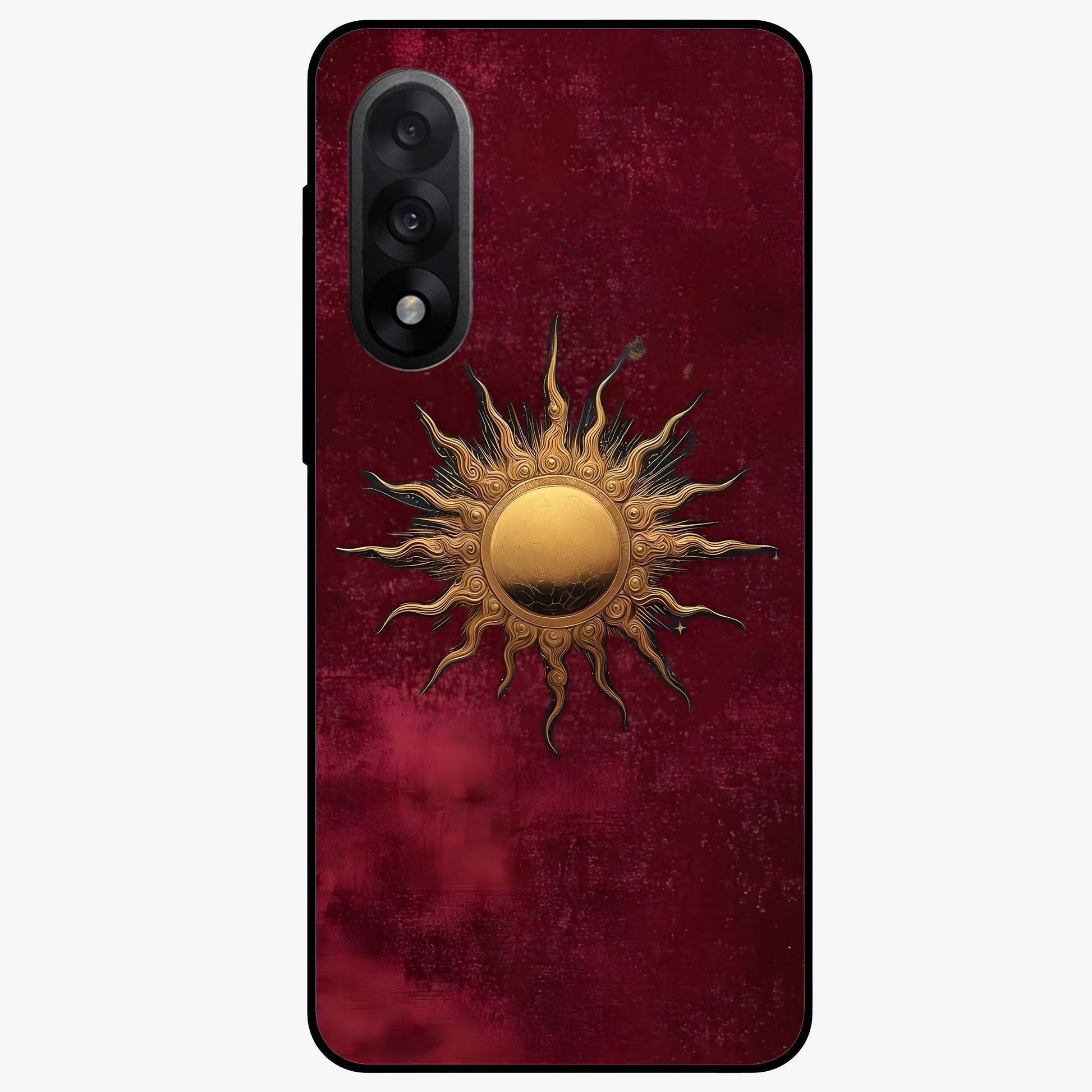Gold Sun Blush Glass Case for 1+Nord 5 elegant front view featuring warm golden sun inspired artwork