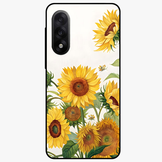 Golden Bloom Fields Glass Case for 1+Nord 5 serene front view featuring glowing floral field artwork